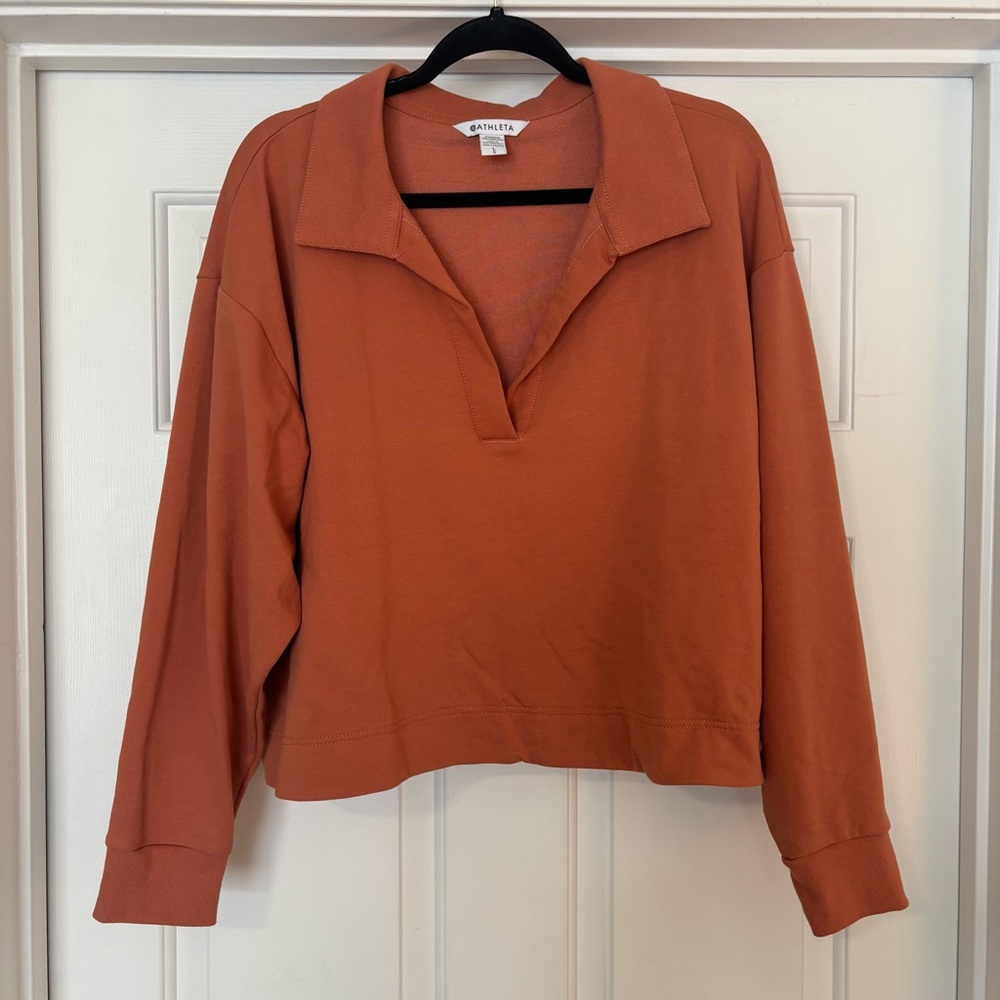 Athleta Terracotta Orange Collared Sweatshirt Cropped Pullover L